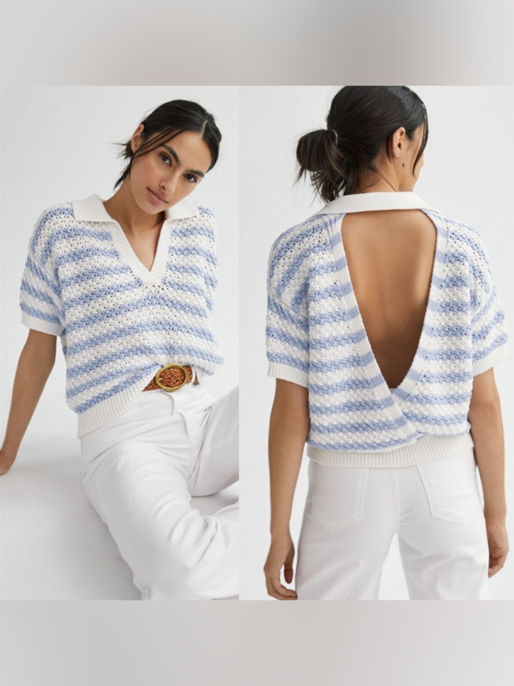 Anthropologie Maeve Striped Open Back Knit Sweater Blue White Top M Preppy Style